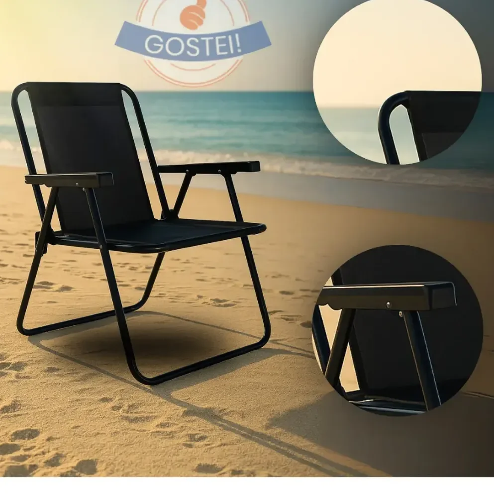 Cadeira De Praia Aço Pintado Dobrável Até 110kg Cor Preto Oferta Gostei!