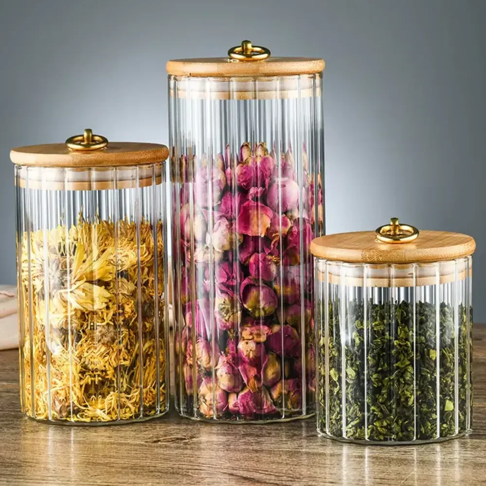Kit 3 Potes De Vidro Com Tampa De Bambu Hermeticos Cozinha Transparente
