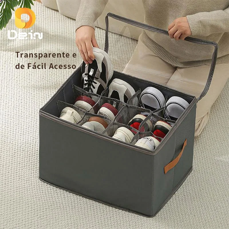 Caixa Organizadora 6 Pares de Sapato 43x32x30cm | Dobrável com Tampa Transparente e Divisórias