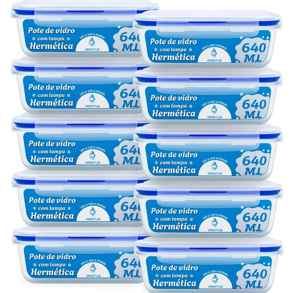 Kit 10 Potes Vidro Hermético Aristus 640ml Marmita Anti Vazamento Forno Micro-ondas Freezer Tampa 4 Travas - Azul