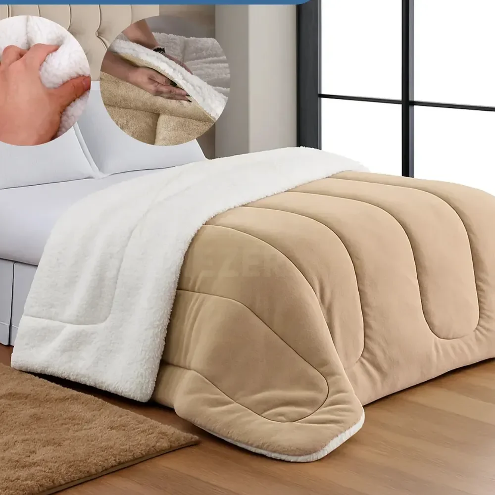 Coberdrom Edredom Sherpa Casal Queen Grosso Sofisticado Macio Cor Caqui Resistente Premium