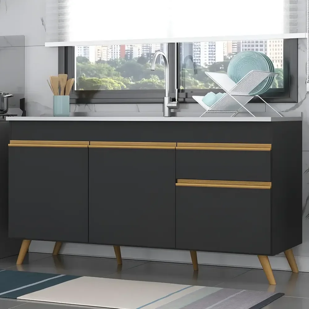 Balcão Armário Cozinha Gabinete Para Pia 150cm 3 Portas 1 Gaveta Retrô Veneza Multimóveis Mp2072 Preto