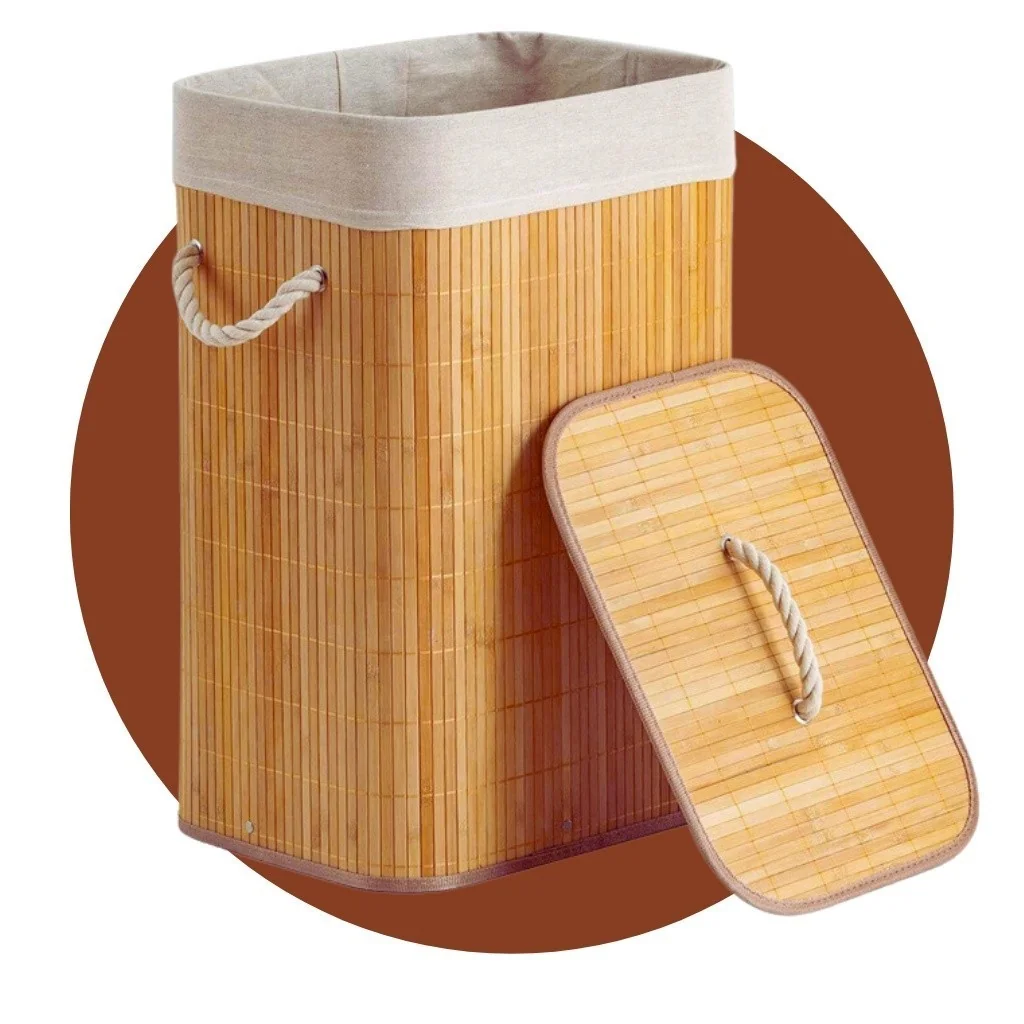 🧡 Cesto de Roupa Suja Lavanderia em Bambu tampa Retangular Forrado com Alça Brinquedo Quarto Banheiro