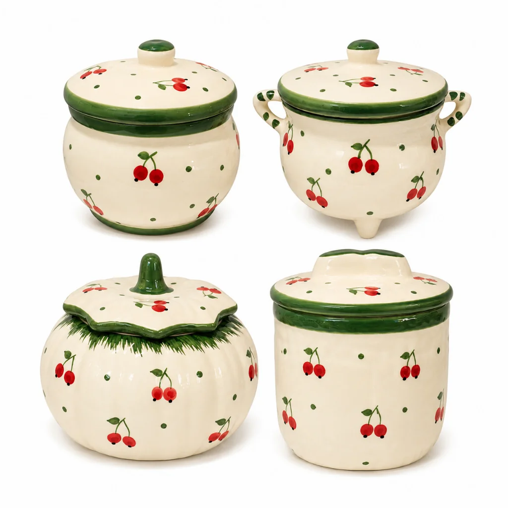 🍒 Potes Decorativos De Cerâmica Esmaltada – Cereja | Decoração