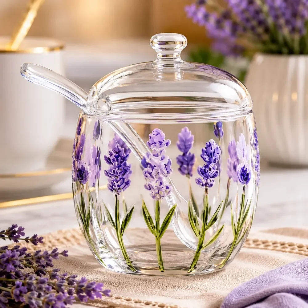 Açucareiro Vidro Tampa E Colher Lavanda Pintado A Mão Lyor Transparente