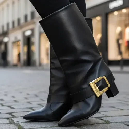 Bota Feminina Capa Fivela Salto Bloco Bico Fino Vizzano Luxo Preto 37 Br