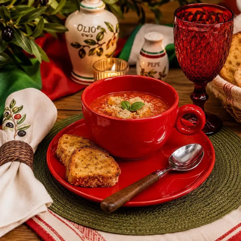 Jogo Sopa 2 Peças Caneca 470ml E Prato De Sobremesa Orgânico Vermelho Lisa