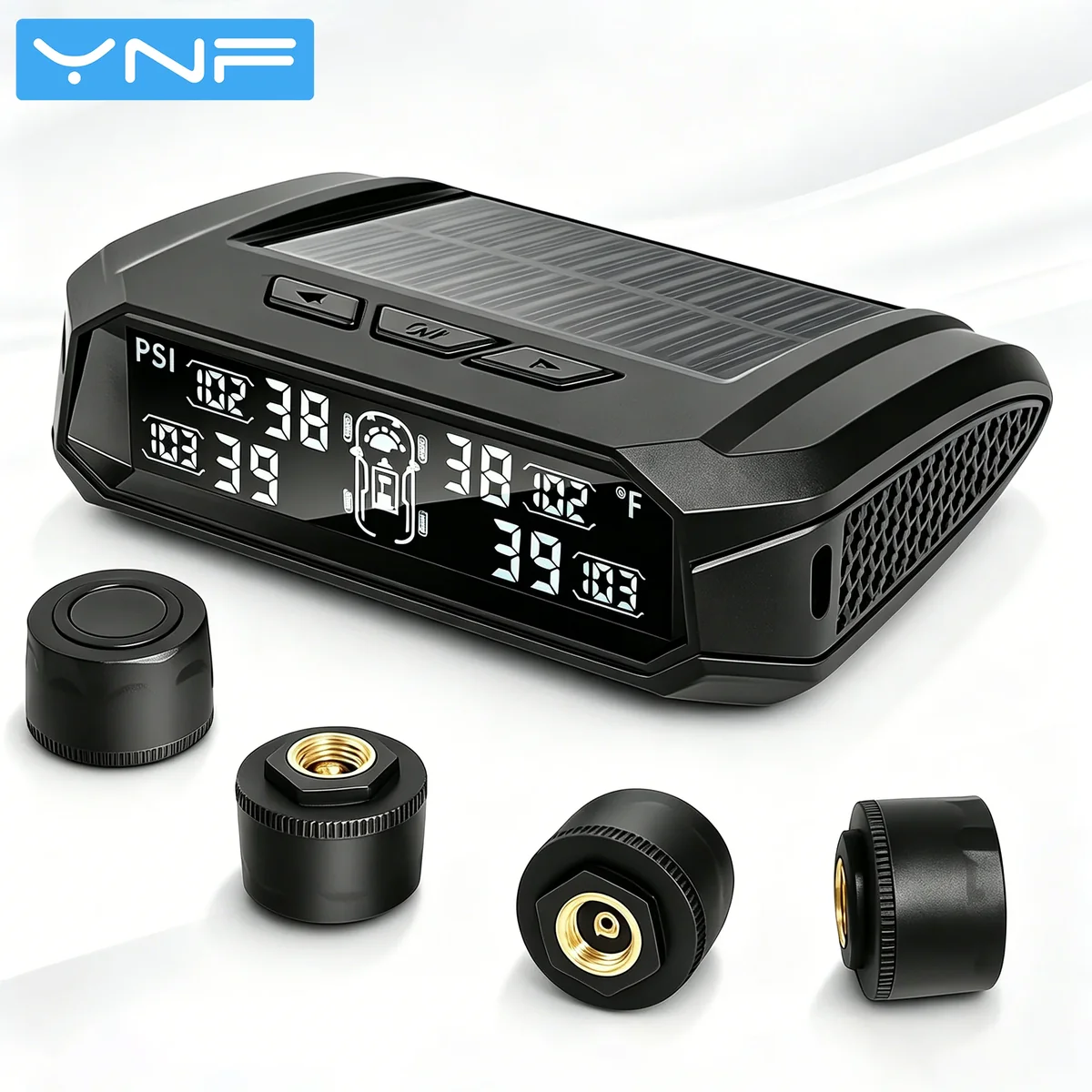 YNF Solar TPMS, 4 Sensores Externos, 36V Universal, Pressão e Temperatura em Tempo Real, Dupla Alimentação, Instalação Sem Danos