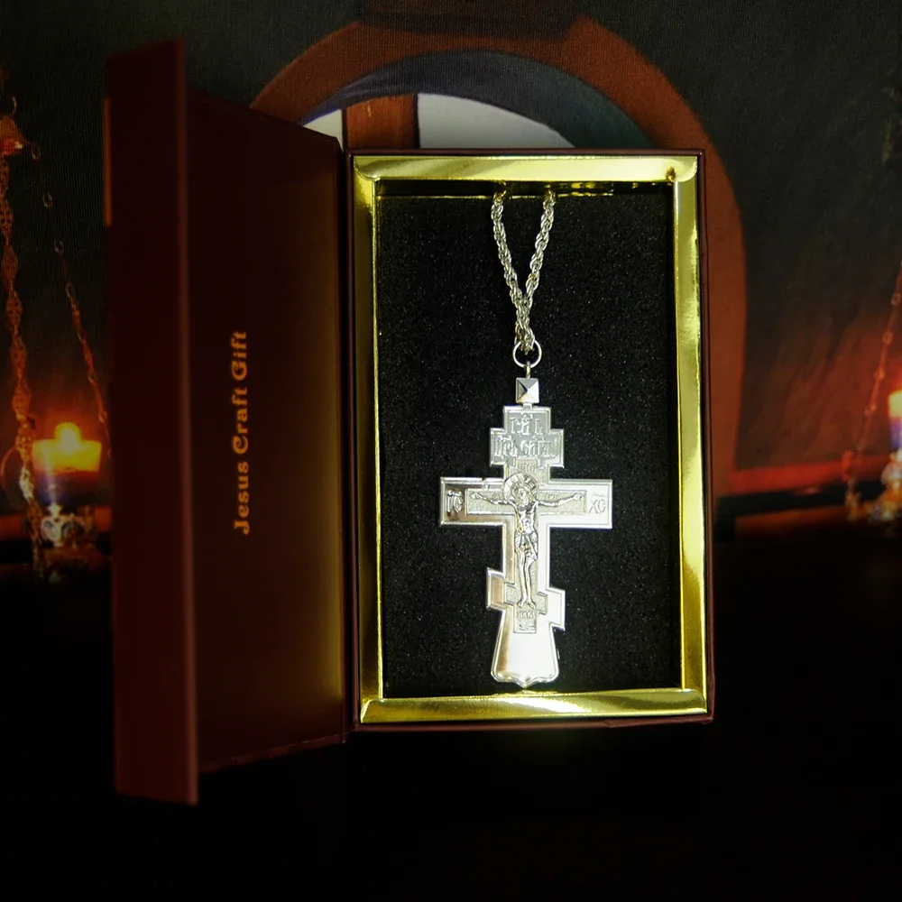 Novo Colar com Pingente Cruz Ortodoxa 3D Crucifixo Sagrado Jesus Gravado em Ouro e Prata Grande Joia Religiosa Corrente Masculina Presente de Oração