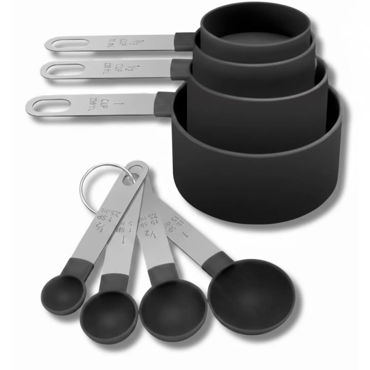 Kit de Medidores para Cozinha, 8 Peças, Colheres e Copos Dosadores, Aço Inox e Plástico (PRETA)