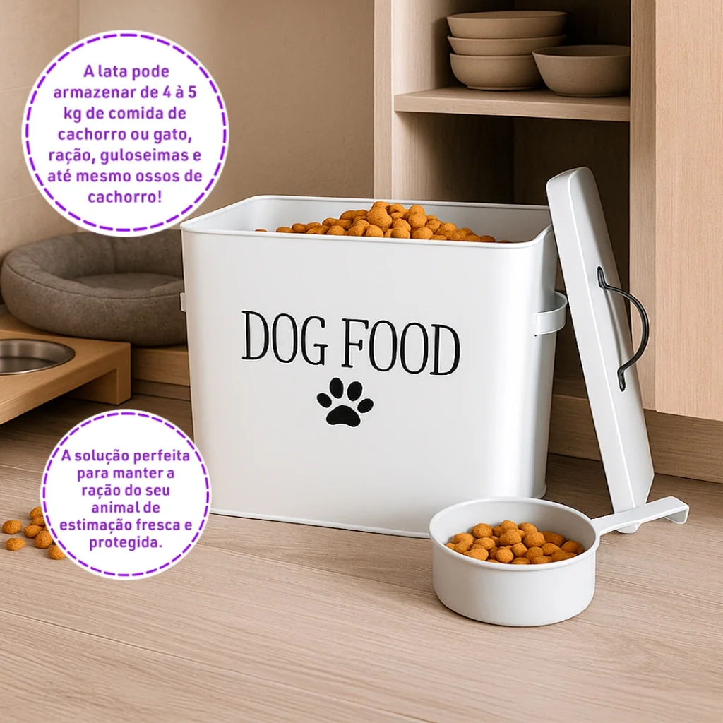 Lata Porta Ração Pet Metal com Tampa Vedada e Colher Medidora - Cães e Gatos