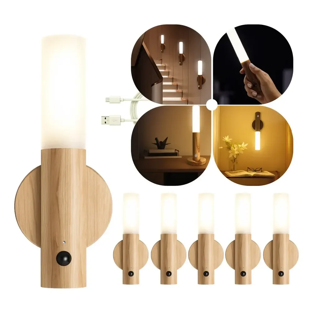 Kit 6 Arandela Luz Portátil Sensor De Movimento Led Moderno Estrutura Madeira Clara 127/220v