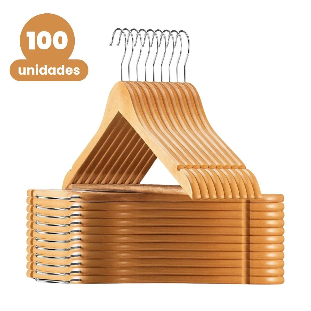 Kit 100 Cabides De Madeira Marfim Para Roupas Calça Gancho Cromado
