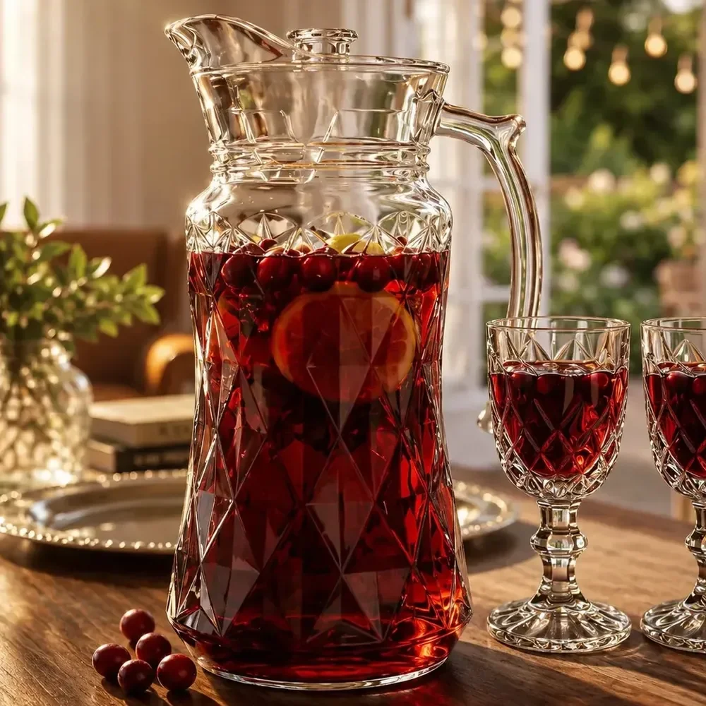 Jarra Diamante 1,8l Vidro Cristalino Transparente Design Moderno Elegante Água Suco Mesa Cozinha M&k Home Store