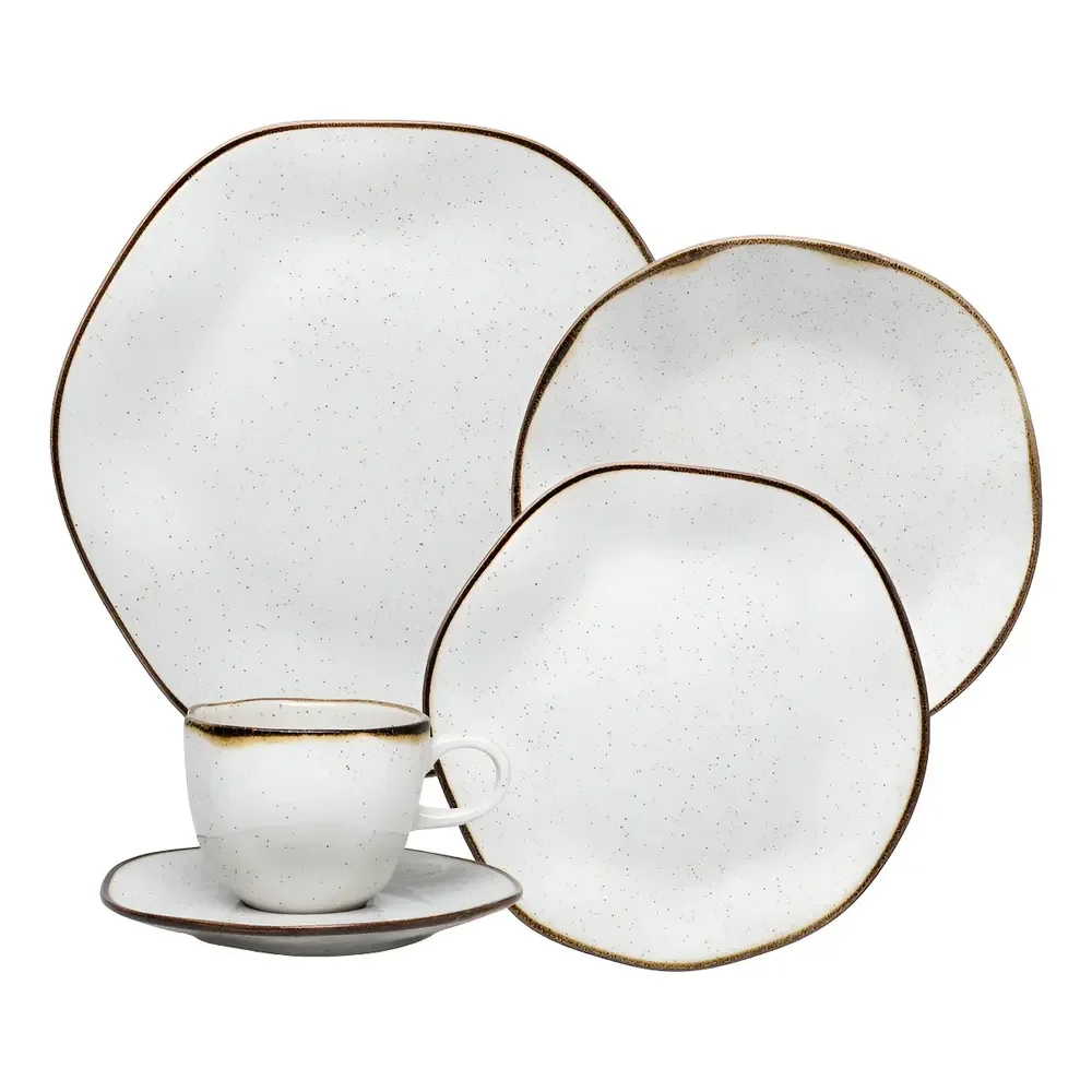 Aparelho De Jantar 30 Peças Ryo Maresia Oxford Porcelana Branco e Marrom