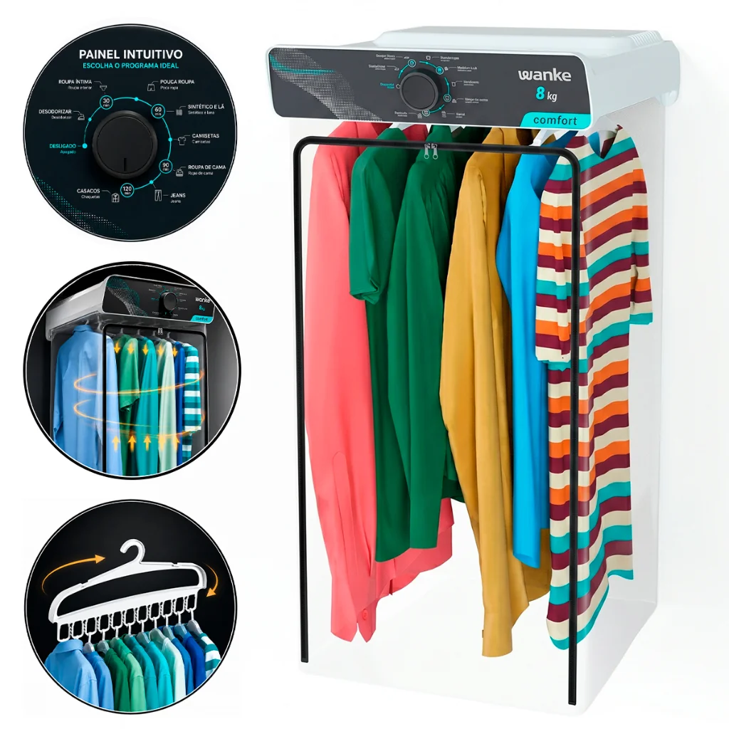 Secadora de Roupas Wanke Comfort 8kg com 6 Cabides Multifuncionais e Timer