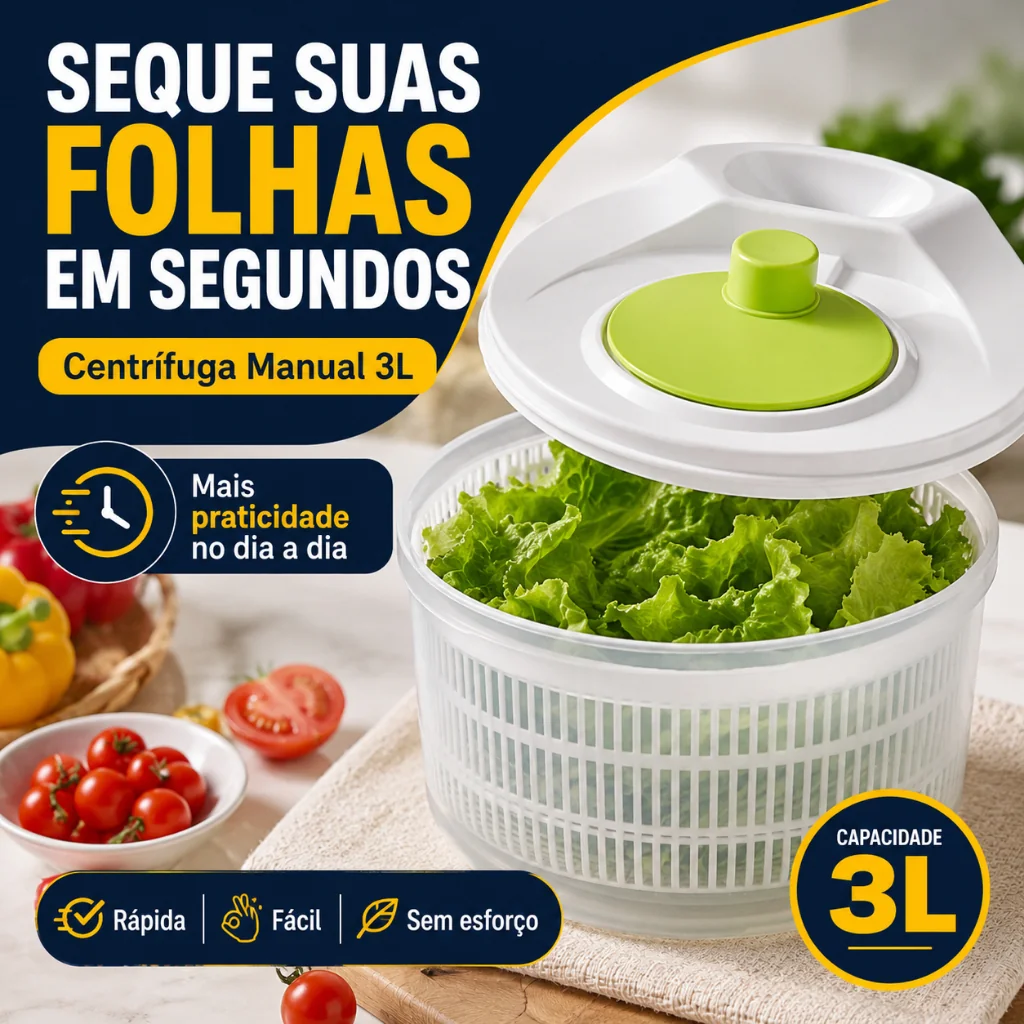 Centrífuga de Salada 3L Manual Secagem Rápida Sem Esforço Ideal para Folhas e Hortaliças Cozinha