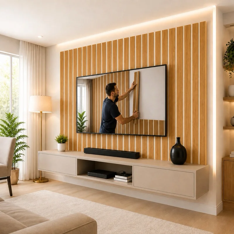 KIT 20 Até 100 Placas Ripados Revestimentos Painel Decorativo MDF MADEIRA 45cmx10cm Sala Tv Quarto