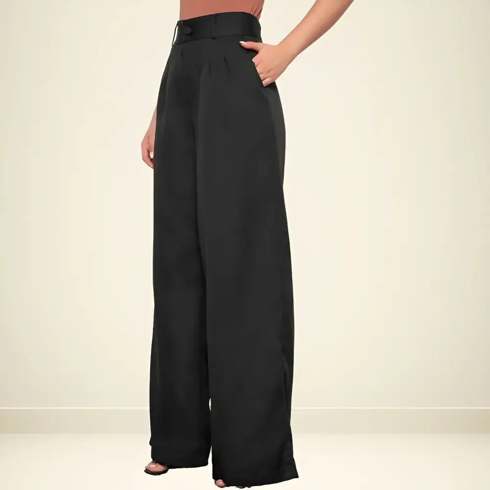 Calça Pantalona Cintura Alta Alfaiataria Wide Leg Social Preto M 40-42