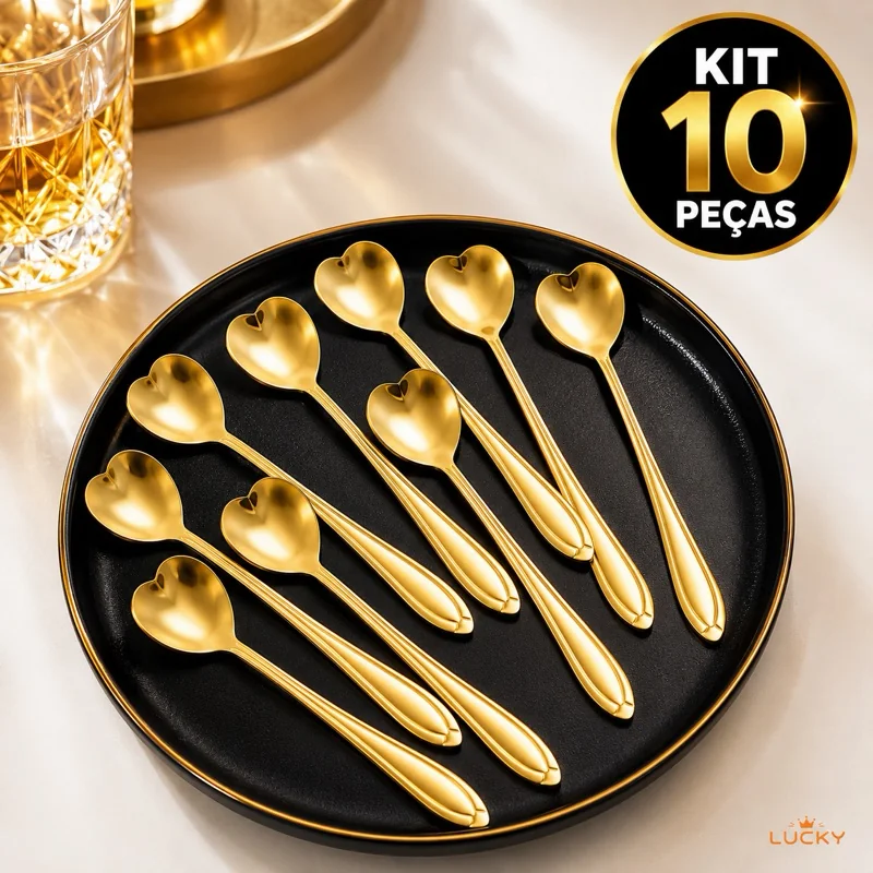 Kit 10 Colheres Coração Fofa para Cozinha Mesa Posta Douradas Café Sobremesa Chá Aço Inoxidável