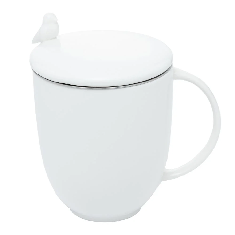 WOLFF - Caneca de Porcelana com Infusor e Tampa Birds Branco 350ml