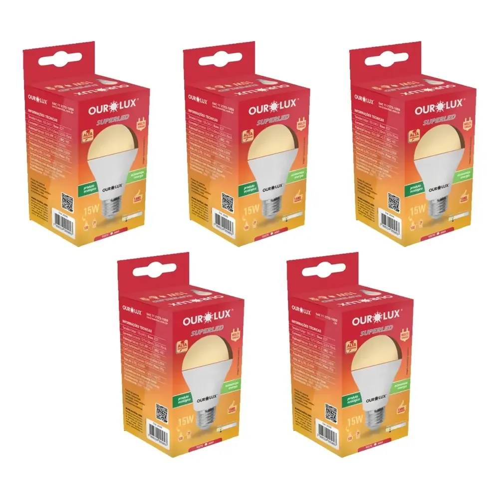 Kit 5 Lâmpadas Led Bulbo A60 15w 3000k Luz Amarela Ourolux 220v Branco-quente