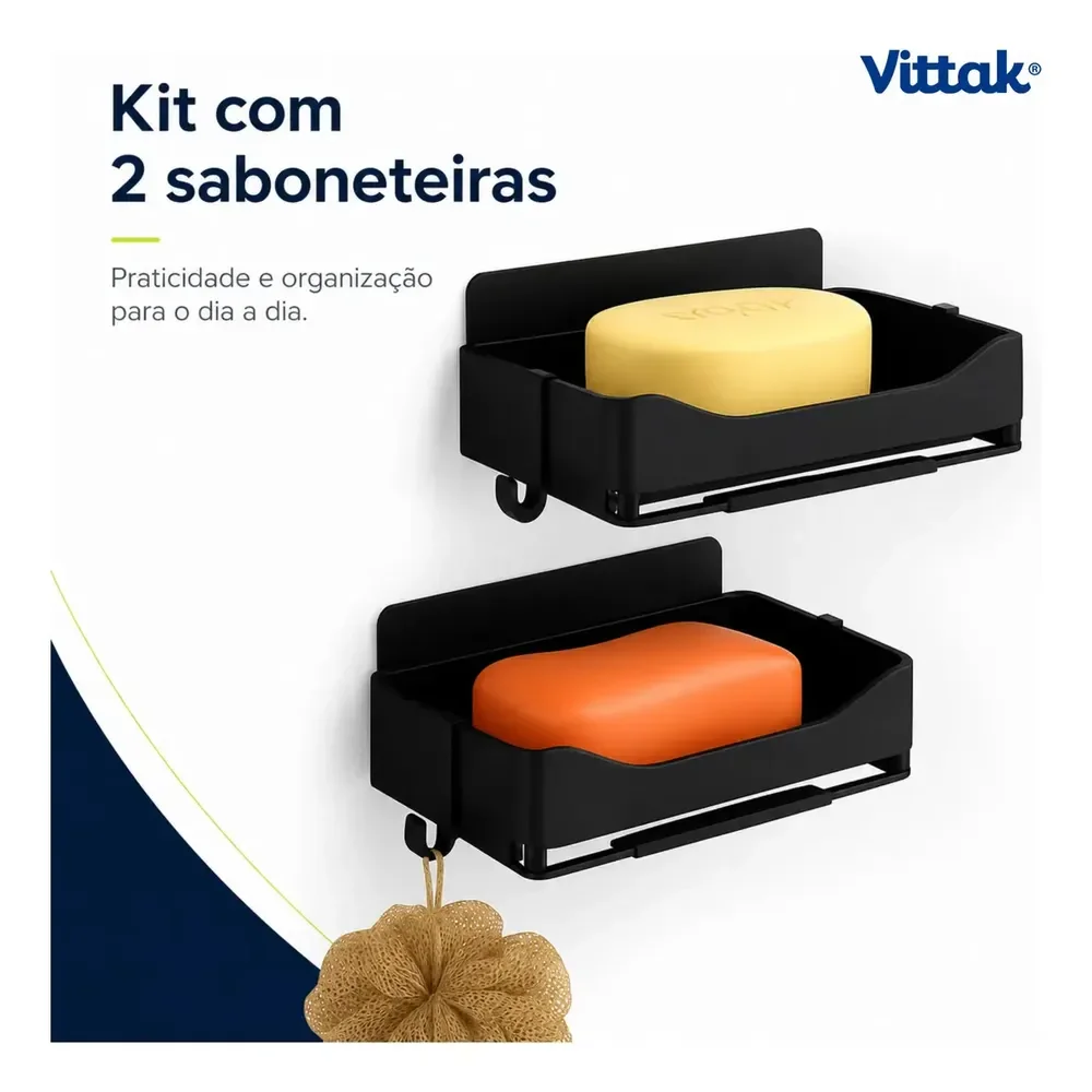 Vittak Kit 2 Porta Sabonete Duplo Suporte Saboneteira Parede Banheiro Cozinha Lavabo Área De Serviço Preto