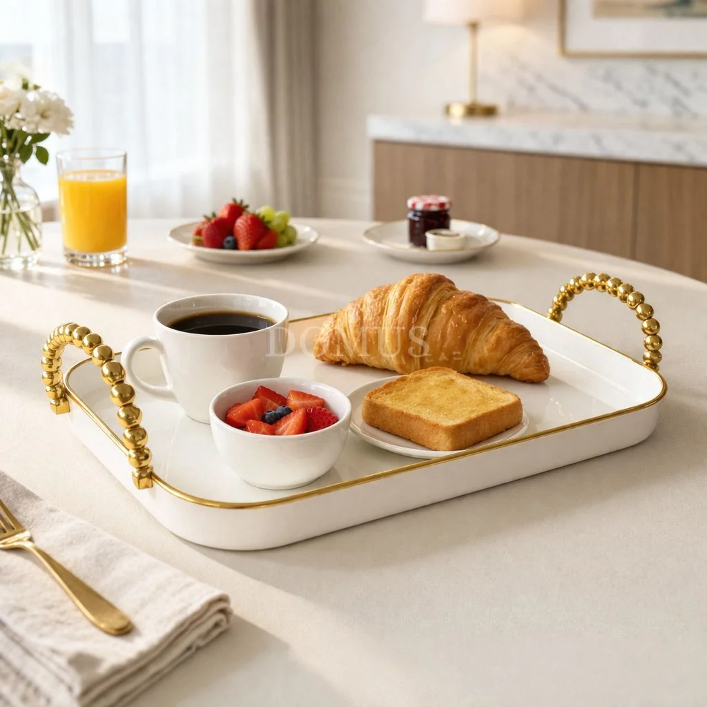 Bandeja Decorativa Luxo com alças Grande Borda Dourada E Prata Cantinho do Café Multiuso
