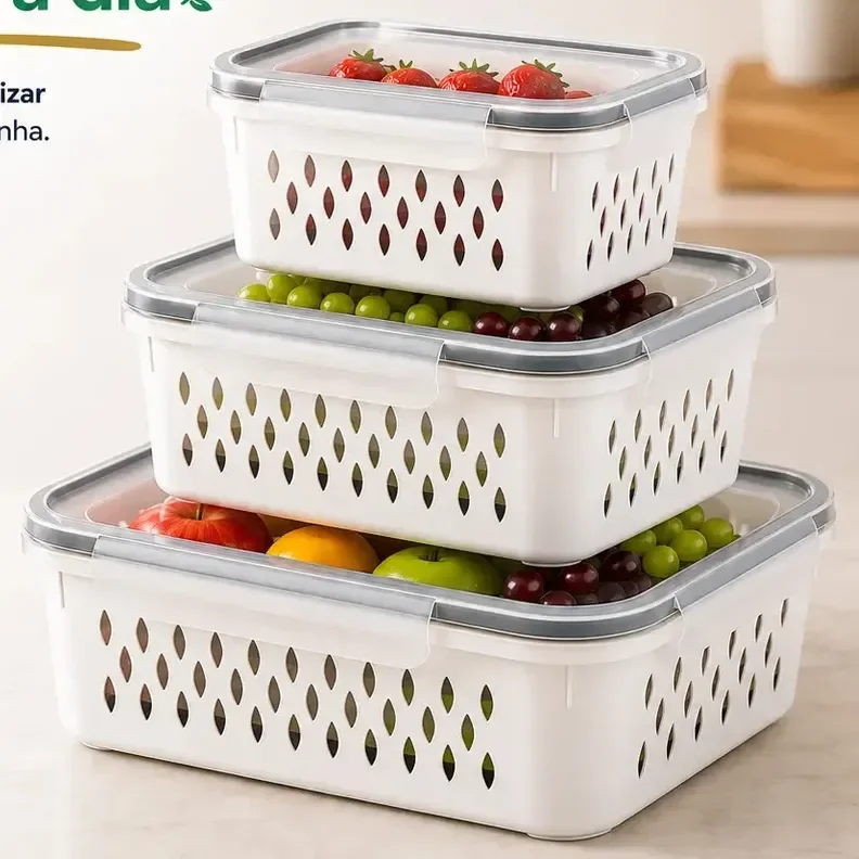Conjunto Kit 3 Organizadores Geladeira Hermético Escorredor Cesto Alimentos Legumes Verduras Frutas Transparente Com Tampa Trava