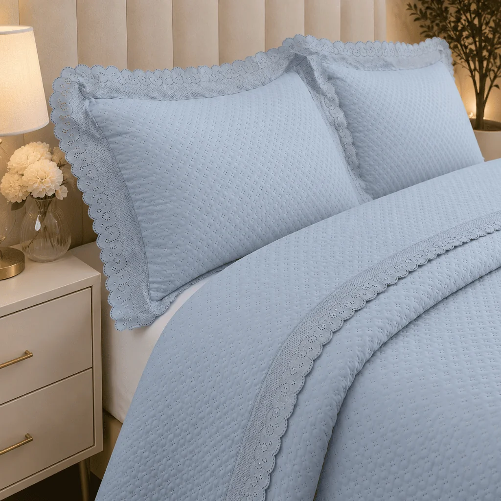 Kit Colcha Cobre Leito Cama Queen 3 peças percal 200 Fios com Renda Bordada Luxo