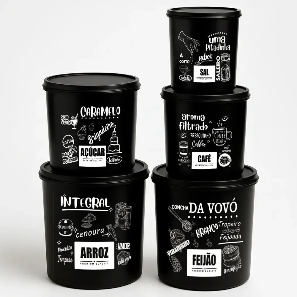 Kit 5 Potes De Mantimentos Plástico Decorado Preto Frases Conjunto Com 5 Preto Frases