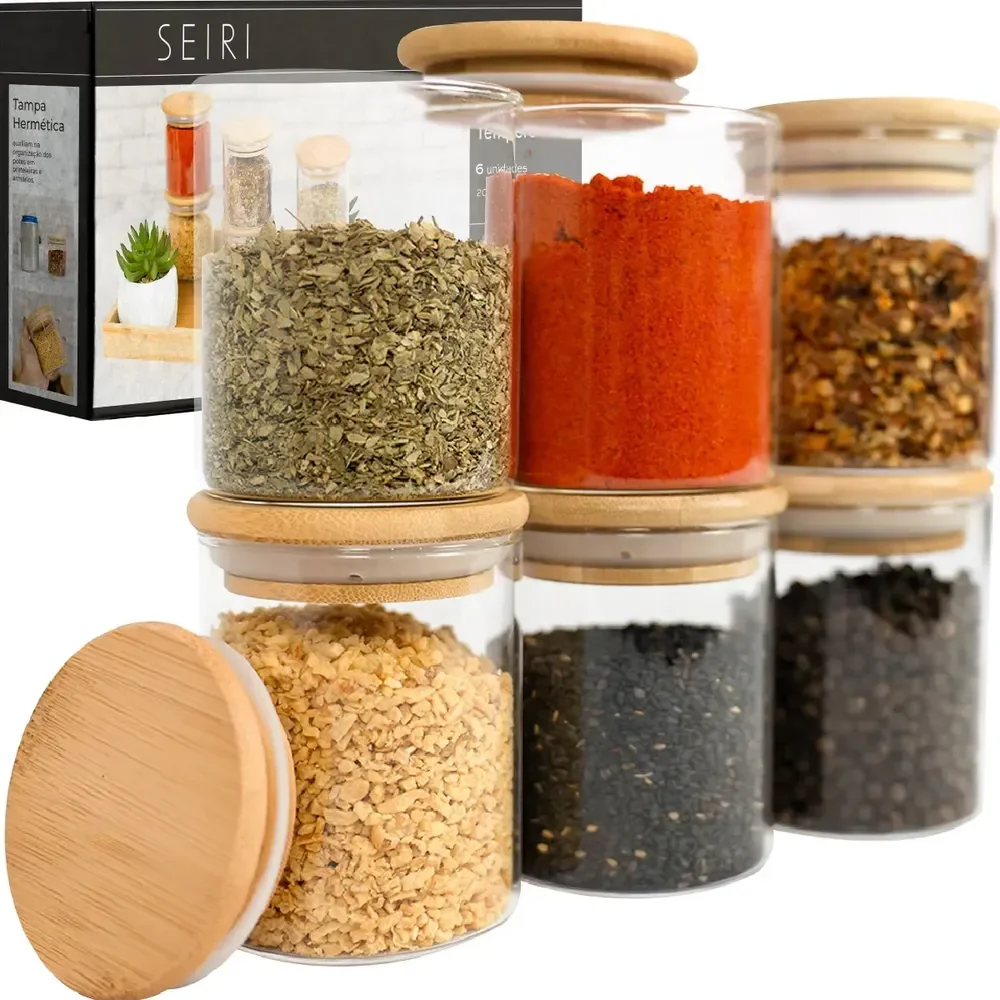 Kit 6 Potes Porta Temperos Vidro Borossilicato Hermético Tampa Bambu Organizador Cozinha 200 Ml Seiri Transparente