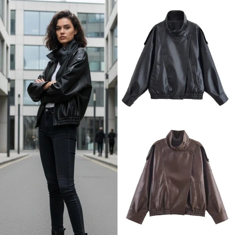 Outono Inverno Solto Jaqueta De Couro Feminino Retro Rua Lichia Modelado Falso Streetwear Plutônio Outwear