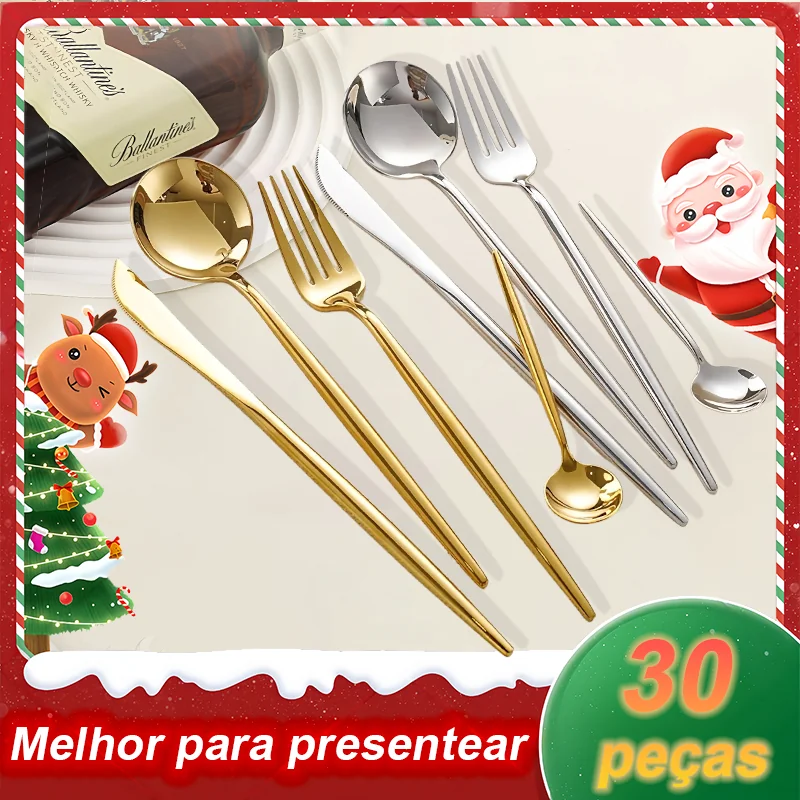 🎁 Presente para Mamãe Conjunto de Talheres 16/24/30 Peças de Inox Espelhado Prato Português Ouro/Prata Ideal para Steak