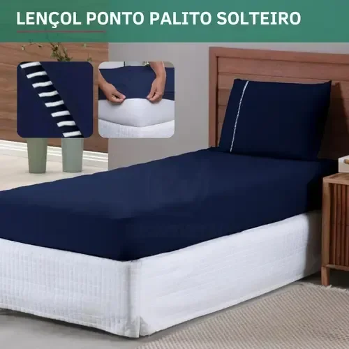 Jogo De Lençol 2 Peças Solteiro Micropercal 400 Fios C/ Fronha Ponto Palito Elástico Premium Extra Macio Resistente Cor Azul Marinho Liso