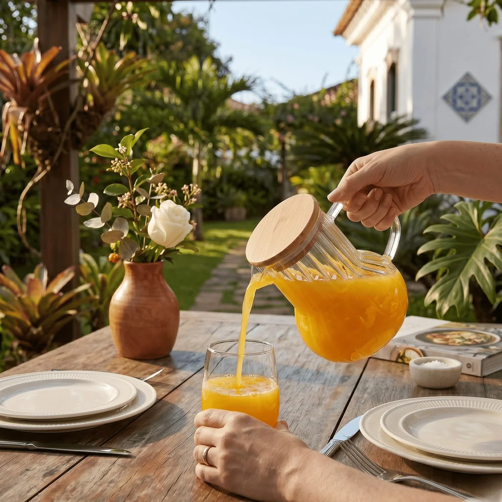 Jarra Vidro Borossilicato Tampa Bambu Água Suco Chá Canelado 620ml Mesa Cabeceira Luxo CHEF D