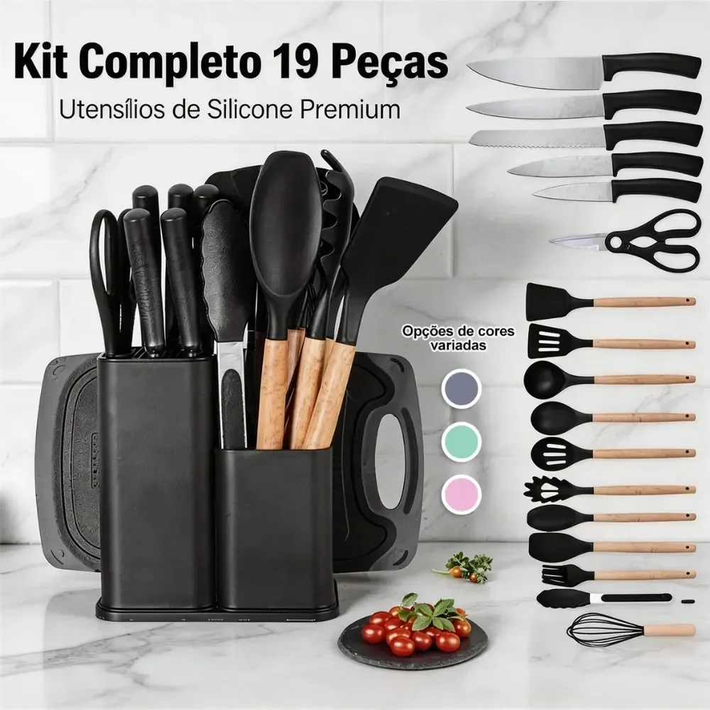 Kit 19 Utensílios Para Cozinha Com Tábua E Espátula Preto