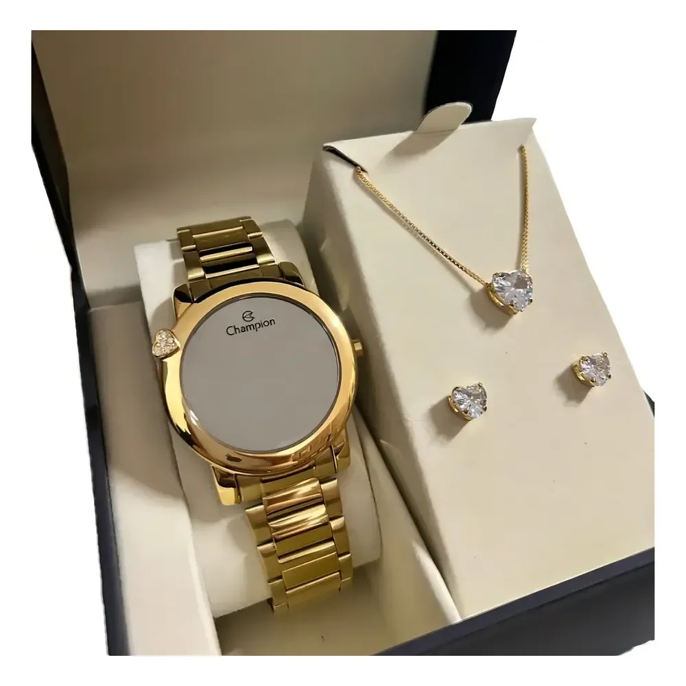 Kit Relógio Champion Original Feminino Dourado Digital Delicado Pequeno + Colar Brincos Arisca Branco