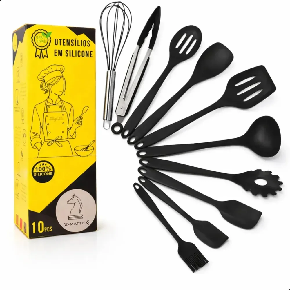 Conjunto Kit Utensílios De Cozinha Silicone X-Matte 10 Peças Preto Não Risca Panela Antiaderente Espátula Concha Escumadeira Resistente Ao Calor Livre BPA
