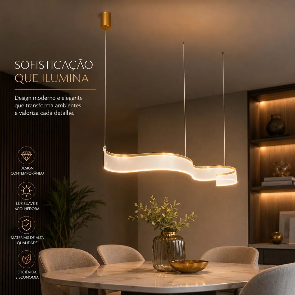 Lustre Pendente LED 28W Nitrolux ACR002D Dourado 3 em 1 (3000K, 4000K e 6500K) Bivolt