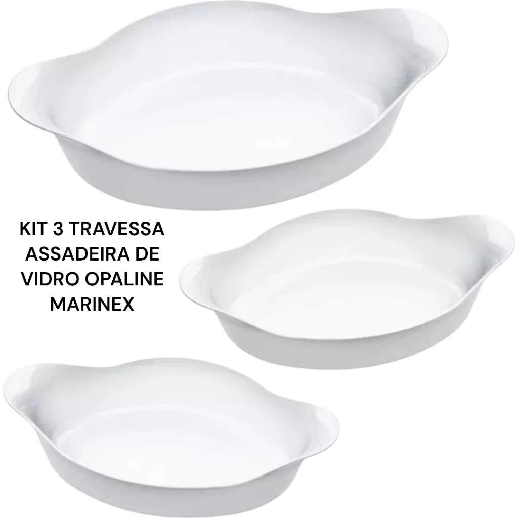 Kit 3 Assadeira Travessa de vidro Marinex Opaline Branca Forno Airfray Micro-ondas