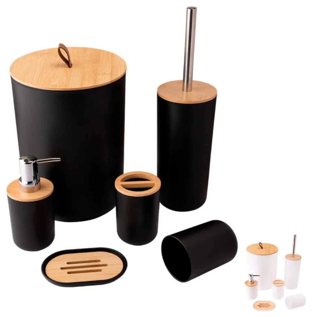 Kit de Banheiro Completo com 6 ou 4 peças - Lixeira com Tampa Basculante Bambu para Lavabo