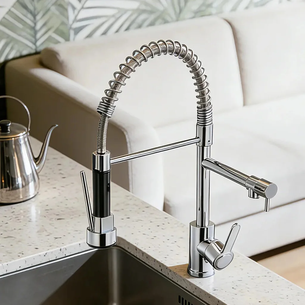 Torneira Para Cozinha Gourmet Monocomando Casa Saída Dupla Acabamento Mesa Cor Prateado