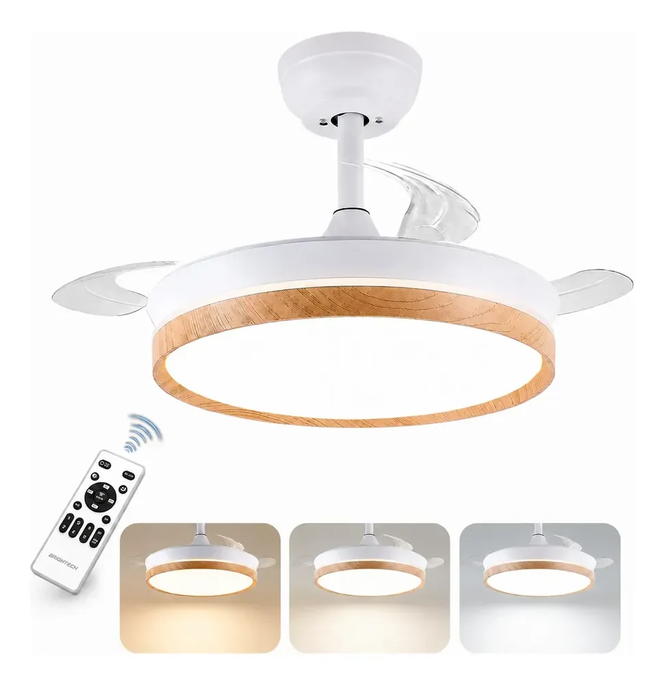 Ventilador De Teto Com Controle Remoto Silencioso Retrátil 92 Cm 50/60hz Branco Madeirado 127/220v Transparente Policarbonato 3
