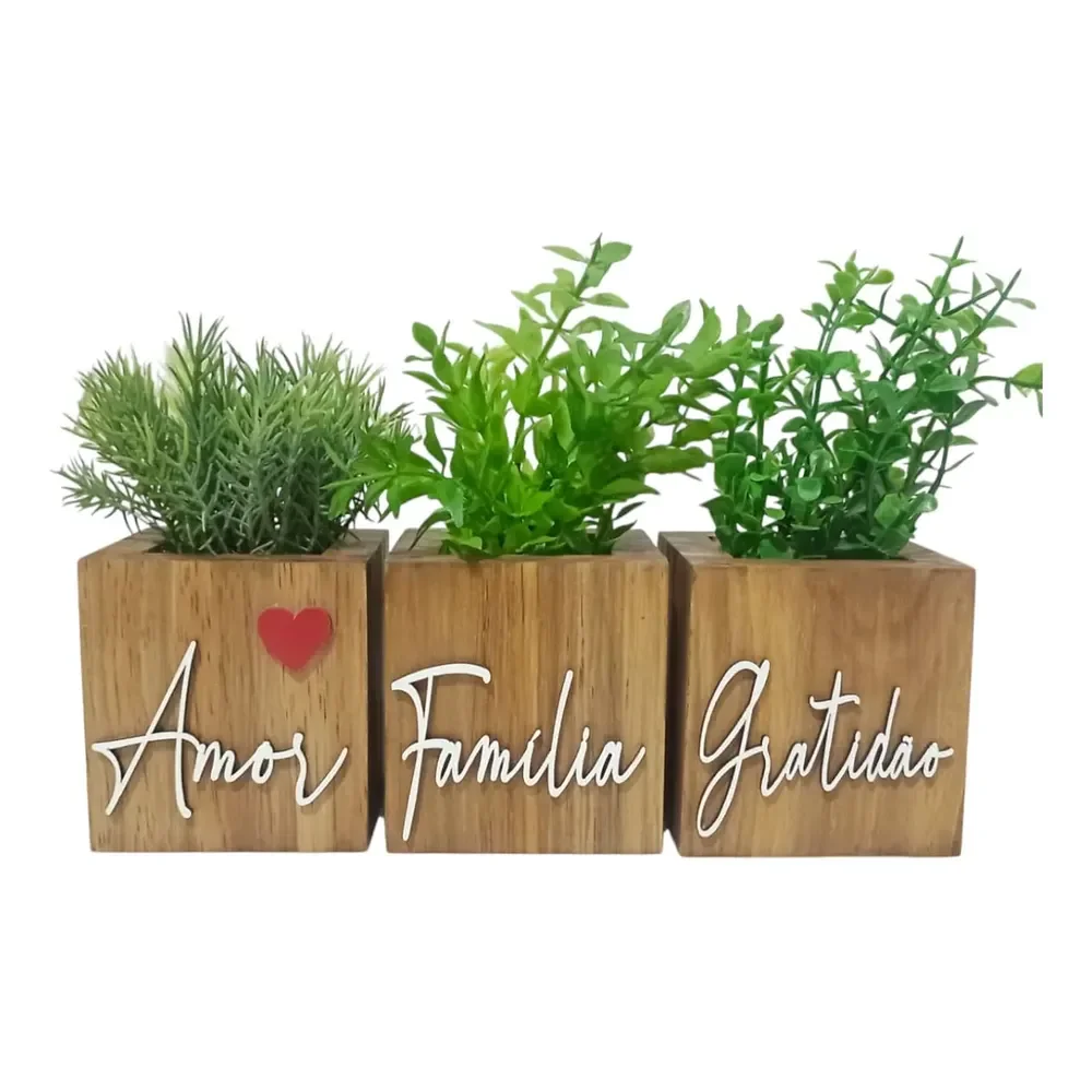 Vaso Decorativo Planta Artificial Cachepot Frase Enfeite Madeira Natural / Verde