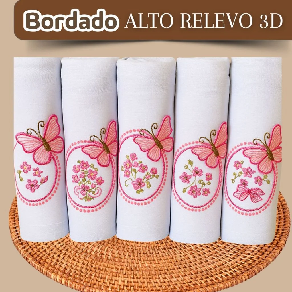 Fralda de Pano Bebê Bordada 5un 70x70cm Algodão Duplo Enxoval Recém-Nascido