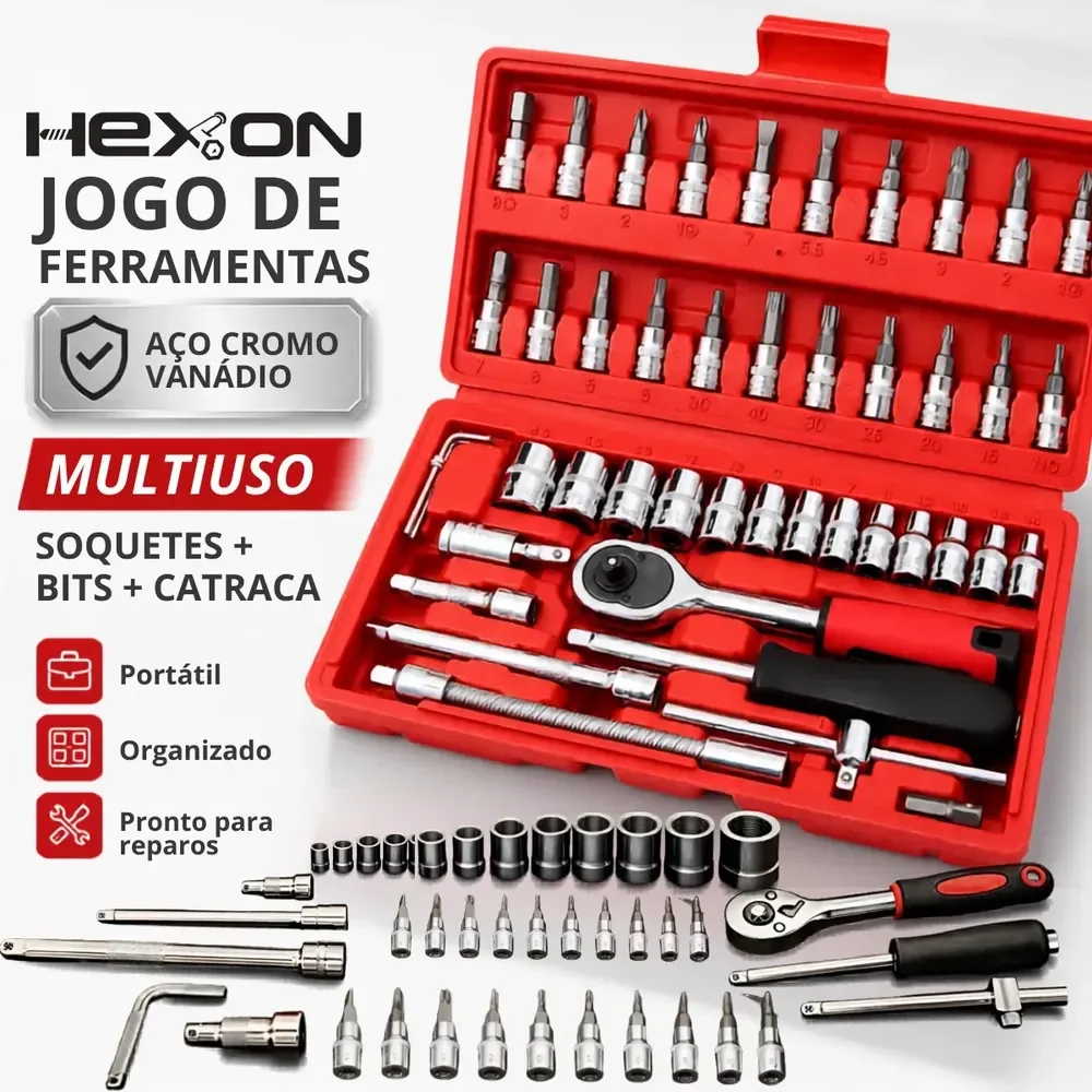 Kit Jogo Chaves Fenda Philips Catraca Soquete Allen Canhão 46 Peças Com Maleta Portátil Completa Mecânico Oficina Manutenção Casa Carro Profissional Resistente Uso Doméstico Compacto Original Hexon