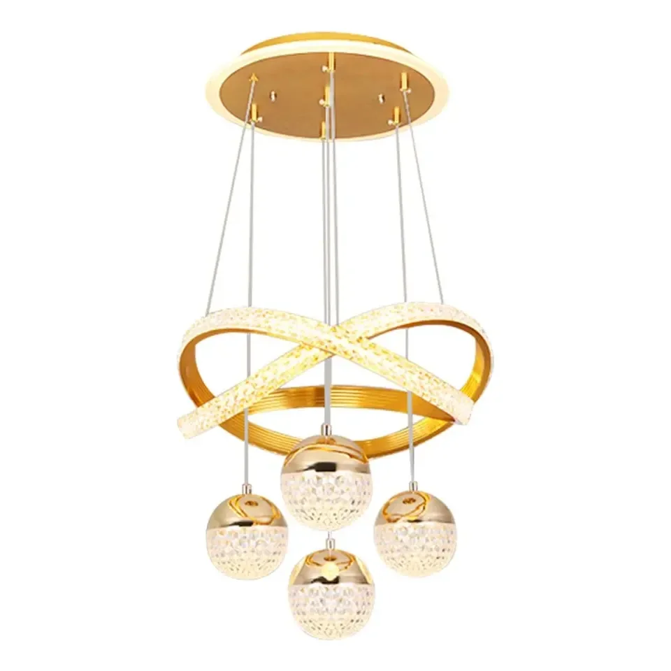 Lustres Led Pendente Moderno,luminaria De Teto 2anéis 4bolas 127/220v Dourado