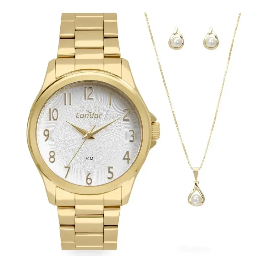 Kit X3 Relógio Feminino Dia A Dia Dourado Fundo Prata Condor