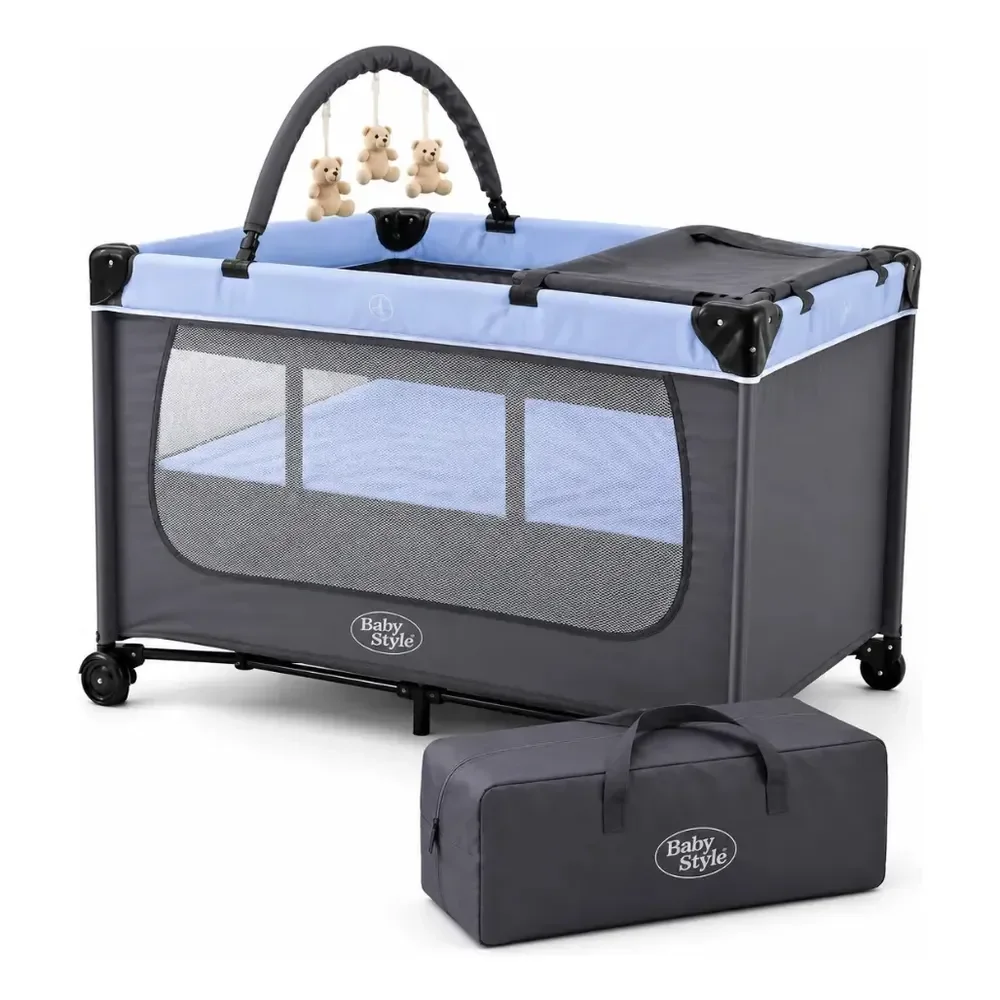 Berço Compacto Joly Chiqueirinho Com Trocador E Móbile Cor Azul Baby Style